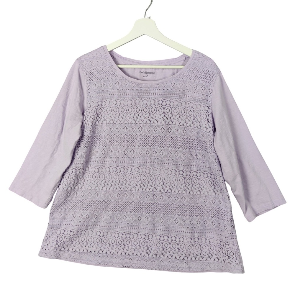 Croft & Barrow Womens Cottage Feminine Lace Front Top 1X Purple 3/4 Sleeve Scoop